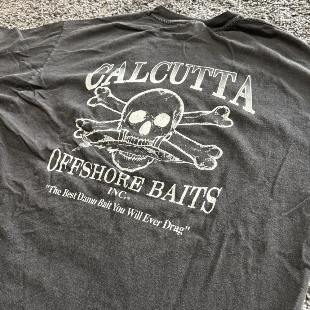 Vintage Calcutta Offshore Baits T-Shirt Mens Black Excellent Skull Graphic XL